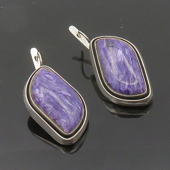 LARGE Vintage Russian USSR Handmade Sterling Silver Charoite Dangle Earrings